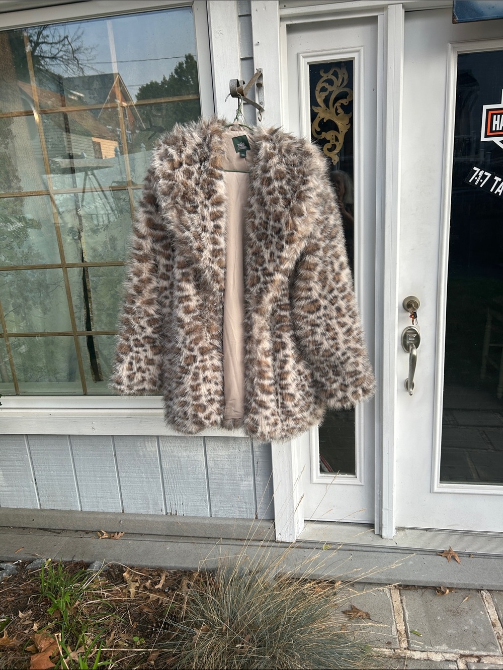 wild fable Women Faux Fur Leopard Pea Coat in Beige and Brown